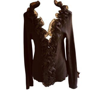 White House Black Market XL Silk Blend Black Sweater with Ruffle Trim